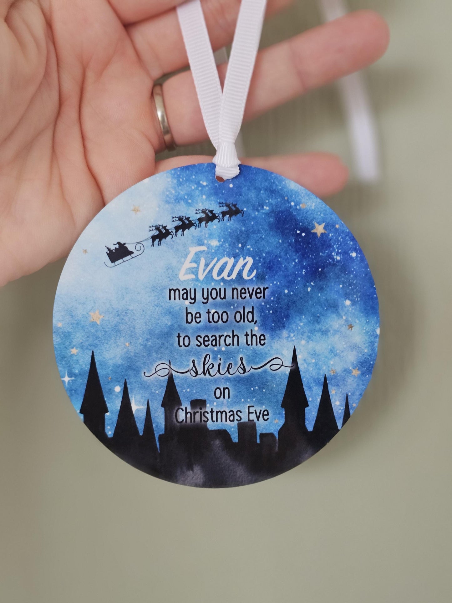 Personalised Christmas Tree Decoration, Christmas Hanging Ornament, Metal Tree Decoration, Search The Sky On Xmas Eve, Xmas Nightfall, Blue