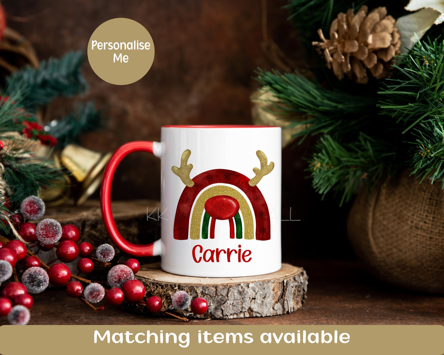 Personalised Christmas Reindeer Mug, Red Christmas Rainbow Mug, 11oz Christmas Cocoa Cup, Christmas Movie Mug, Holiday Mug For Her Him Kids
