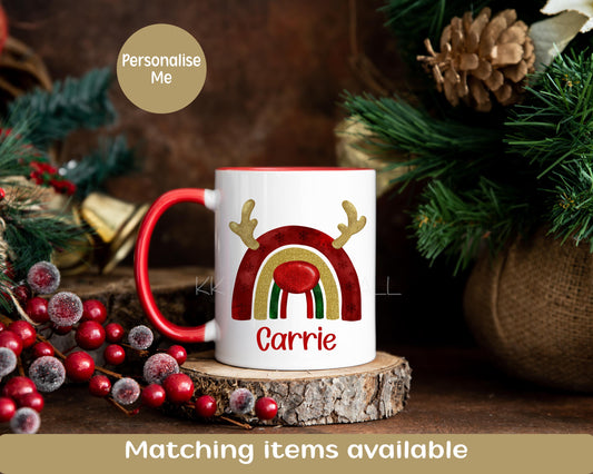 Personalised Christmas Reindeer Mug, Red Christmas Rainbow Mug, 11oz Christmas Cocoa Cup, Christmas Movie Mug, Holiday Mug For Her Him Kids