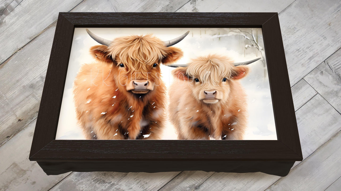 Highland Cows Lap Tray, Personalised Highland Cow Gifts, Winter Highland Cow Gifts