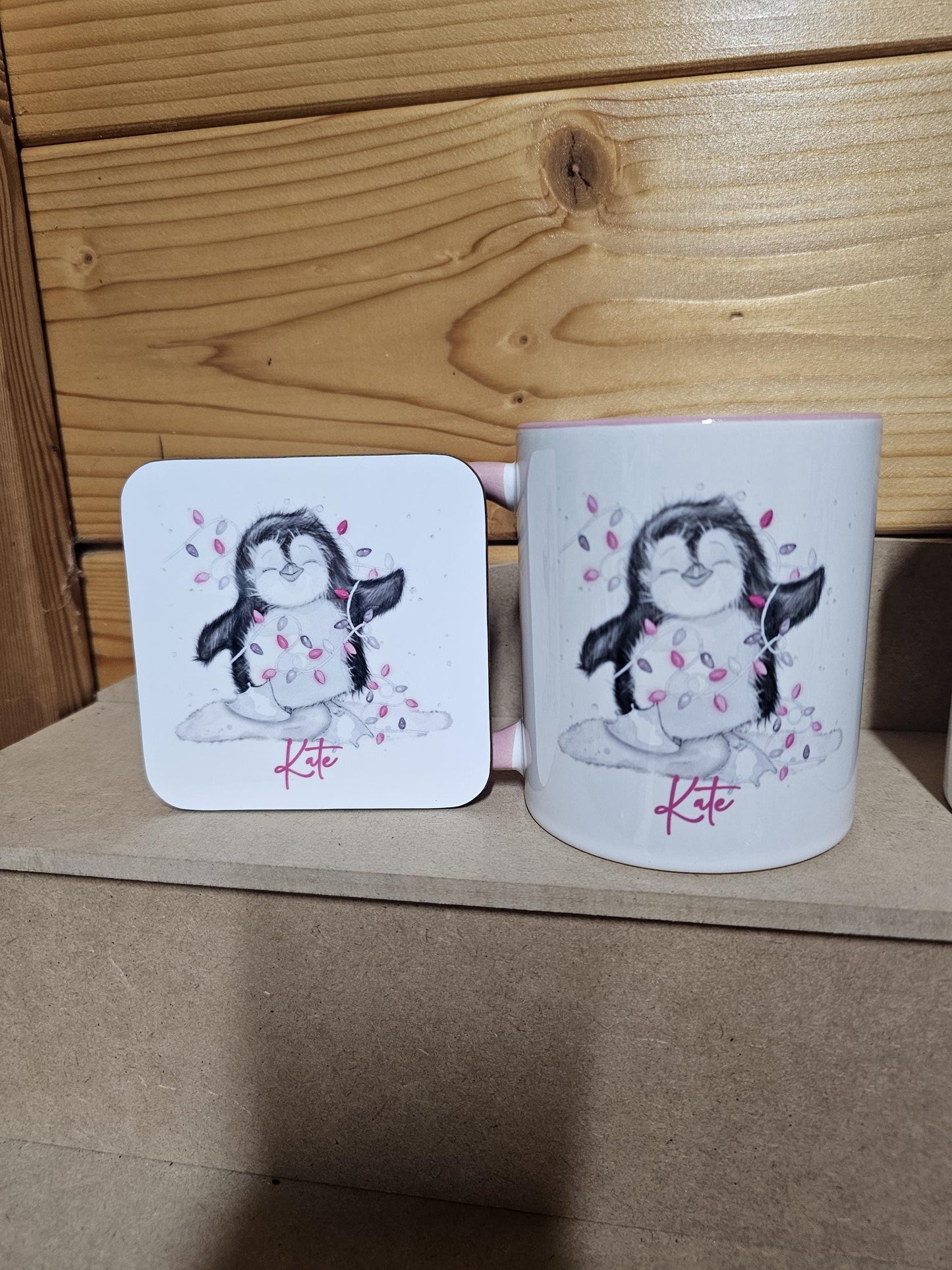Personalised Christmas Pink Penguin Mug, Sketch Penguin With Xmas Lights, Christmas Hot Choc Mug