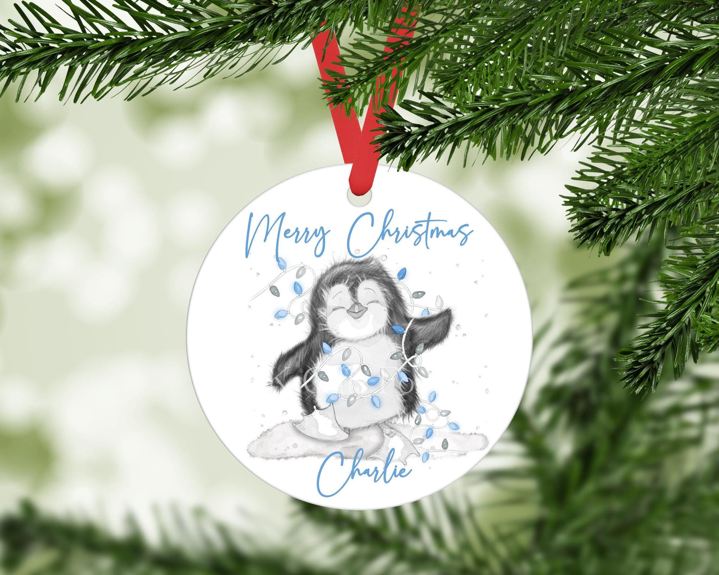 Penguin Christmas Ornament - Personalised Christmas Tree Decoration, Blue Penguin Design