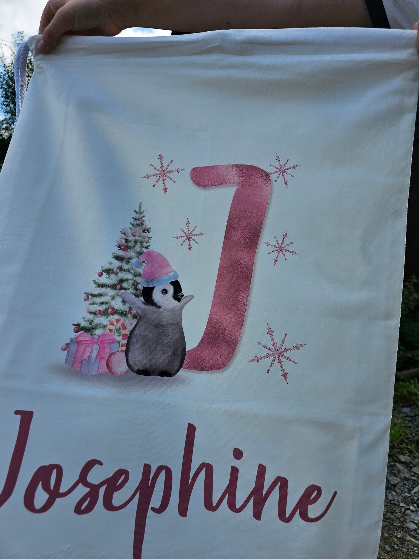 Personalsied Christmas Santa Sack Father Christmas Bag, Pink Penguin Father Christmas Sack, Name & Initial
