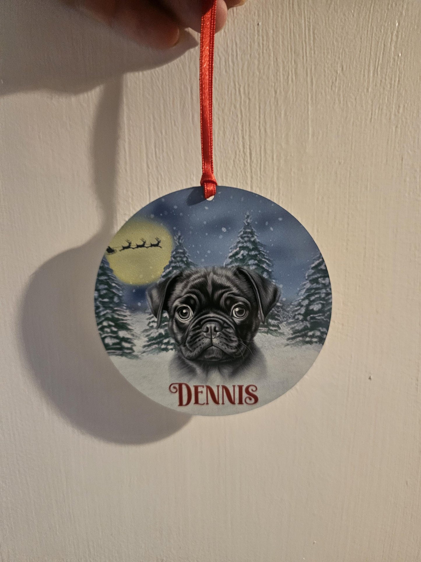 Personalised Christmas Black Pug Tree Decoration, Pug Metal Christmas Hanging Ornament