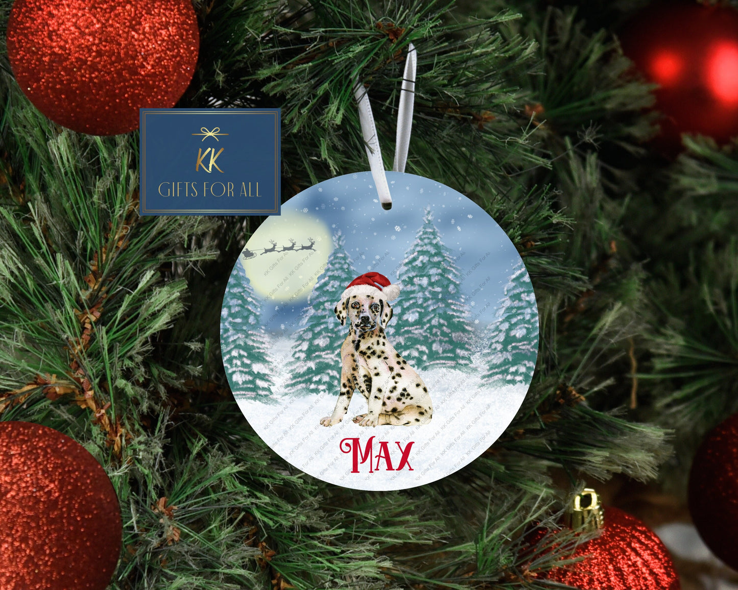 Personalised Dalmatian Christmas Tree Decoration, Spotted Dalmatian Puppy, Christmas Metal Hanging Ornament