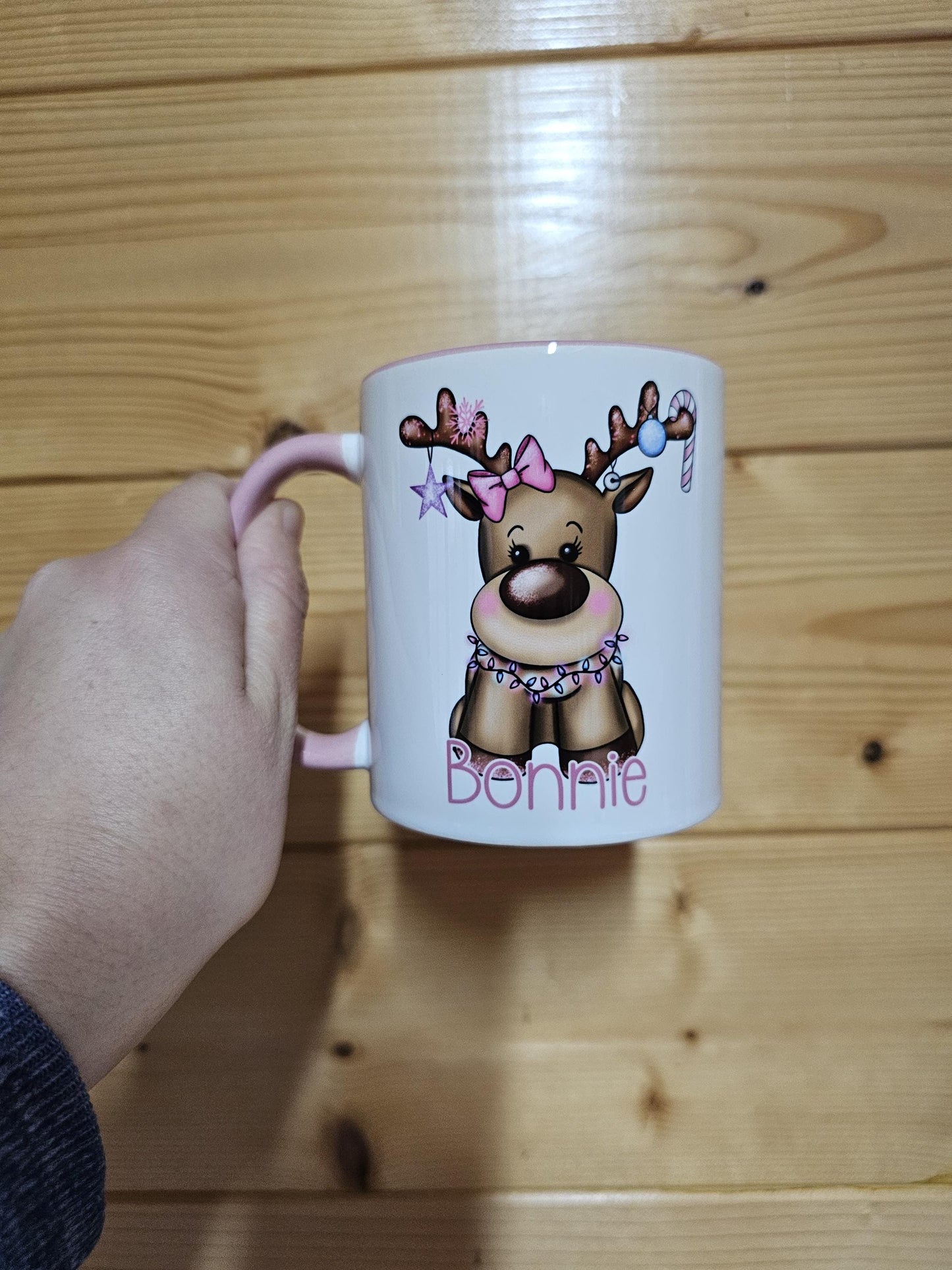 Personalised Pink Christmas Mug, Xmas Reindeer Mug, Girls Christmas Cocoa Mug