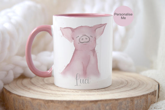 Personalised Pink Pig Mug & Coaster: Watercolor Animal Ceramic Mug