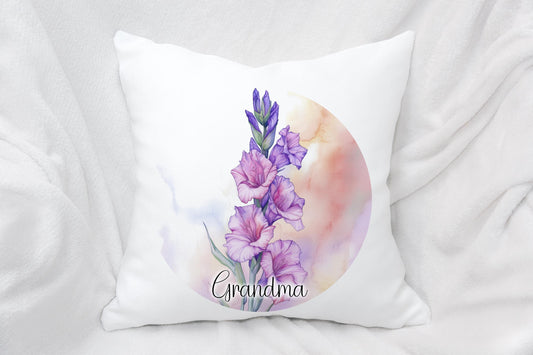 Pink & Purple Gladiolus Cushion, Watercolour Flower Home Decor Pillow, Gift For Gardener, Mother's Day Gift Nan Gran Mum