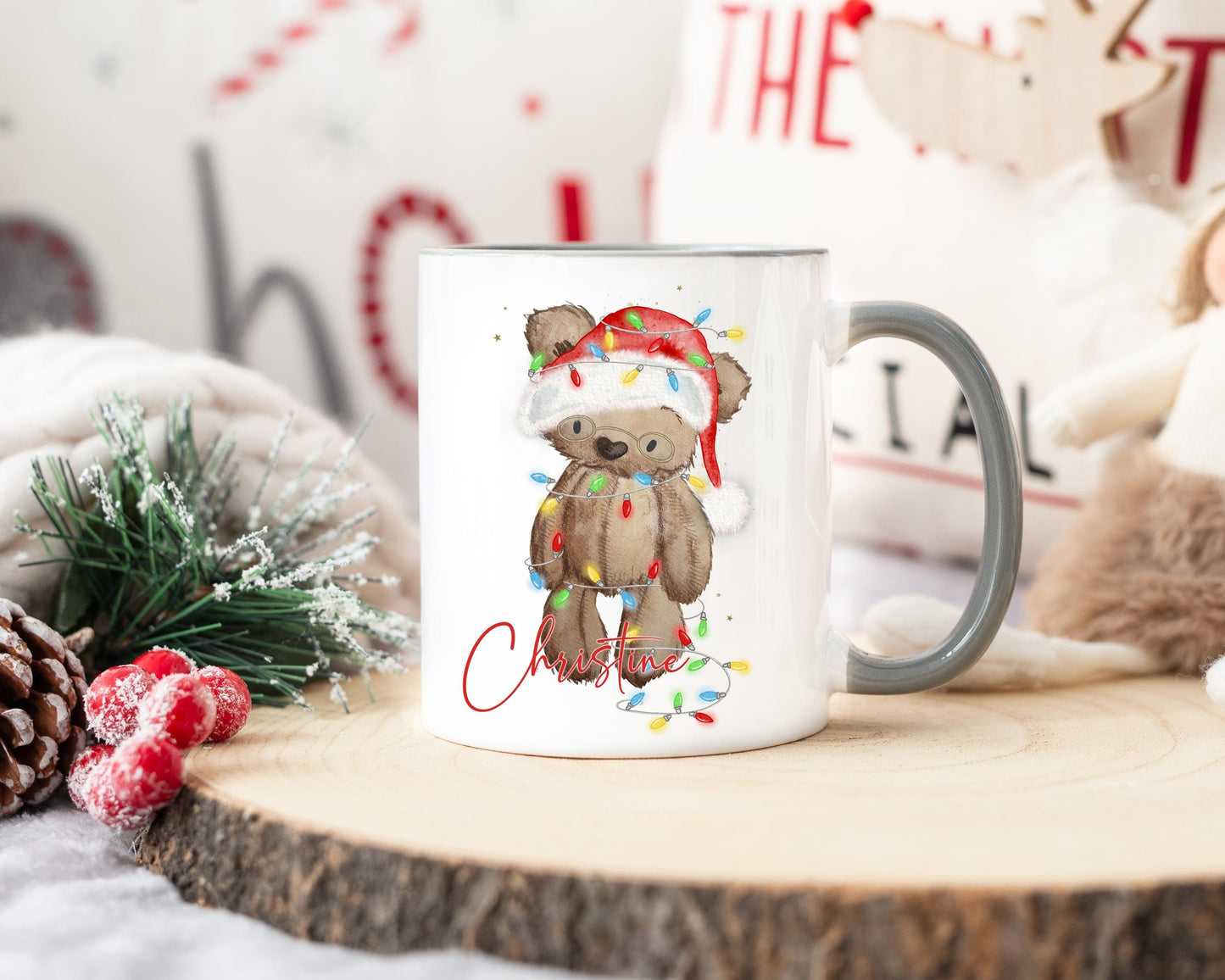 Christmas Mug, Christmas Bear Grey Mug, Personalsied Mug & Coaster