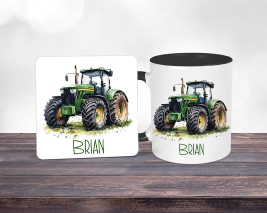 Personalised Green Tractor Mug & Coaster Set, Farmer Gift For Birthday