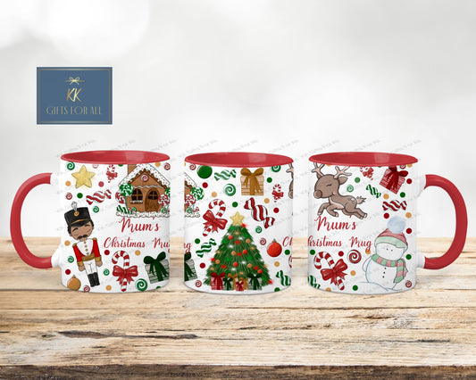 Christmas Theme Mug, Red Handle Personalised Xmas Family Mug, Hot Chocolate Mug, Xmas Eve Movie Mug, Childrens Xmas Mug