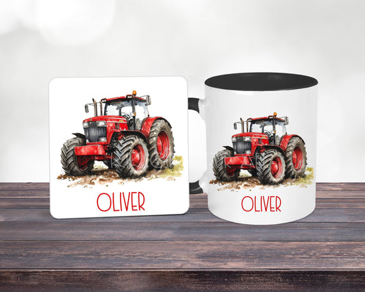 Personalised Red Tractor Mug & Coaster Set: Farmer Gift