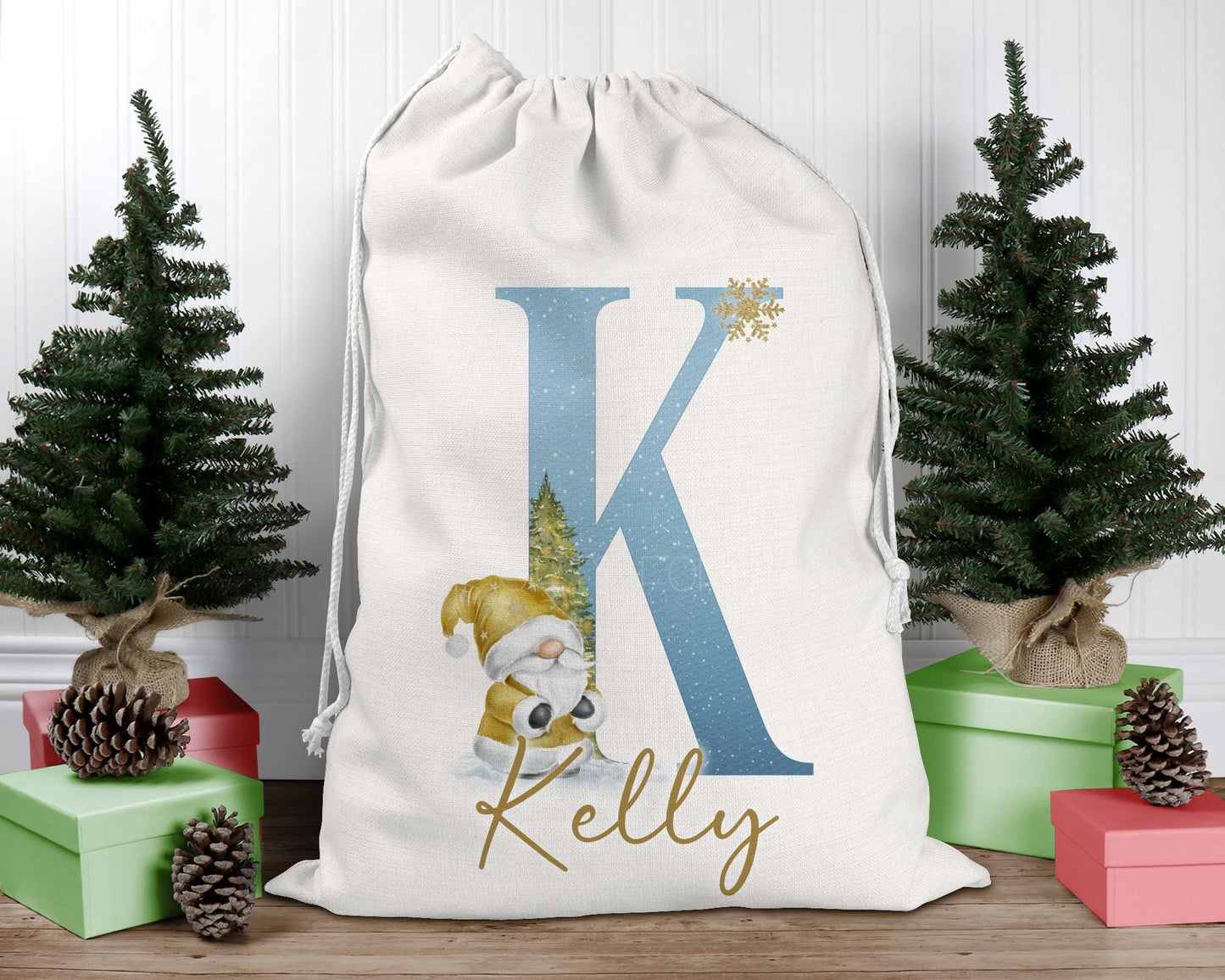 Personalised Christmas Gonk Santa Sack, Holiday Gnome, Large Drawstring Bag