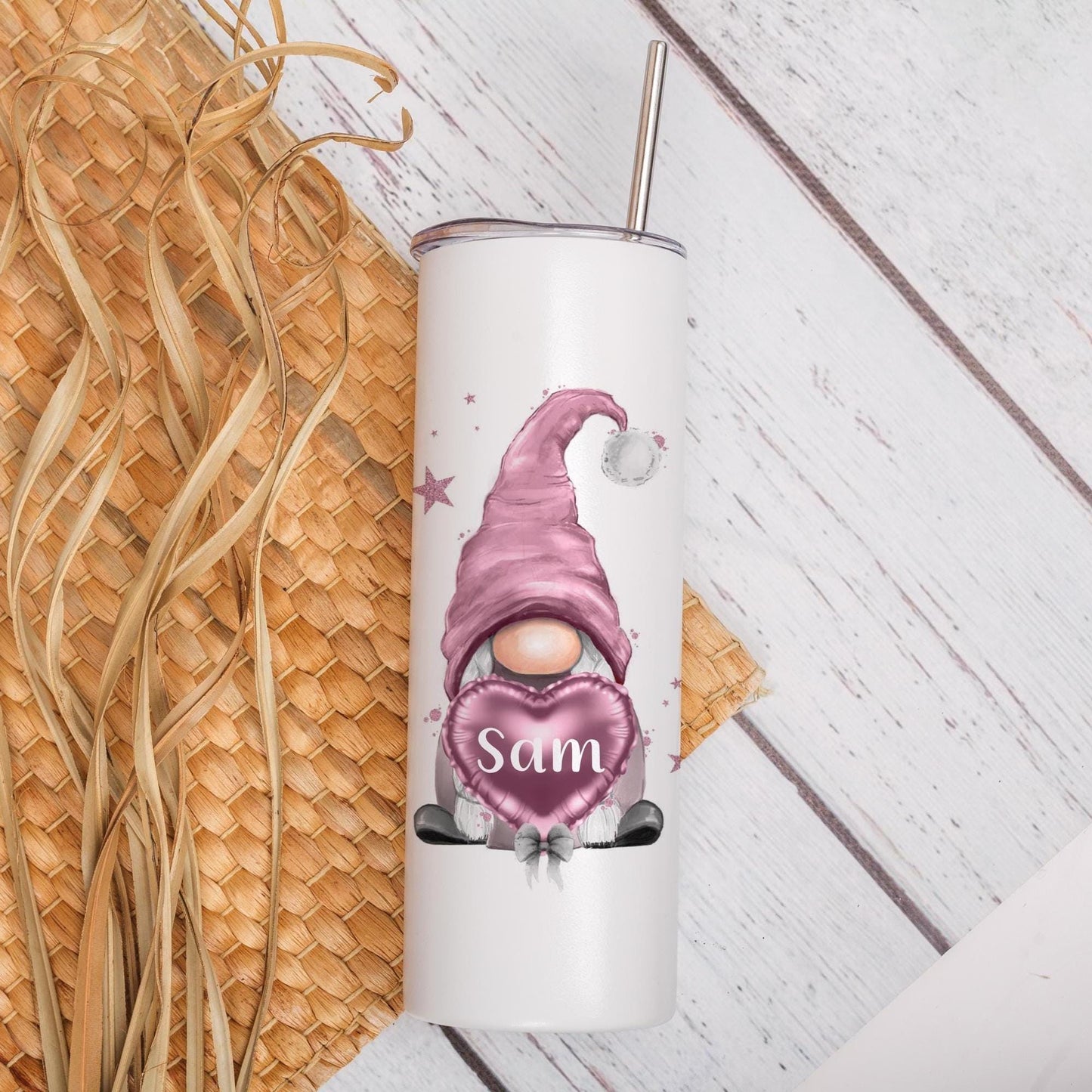Personalised Pink Gonk Tumbler, 20oz Insulated Gnome Lover Gift