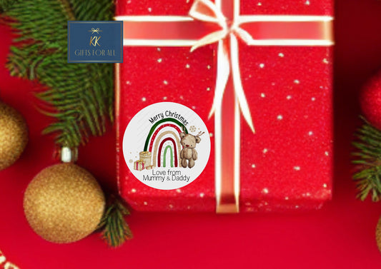 Personalised Christmas Stickers, 24 Christmas Gift Tag Stickers, Christmas Present Stickers, Cute Antler Bear Rainbow