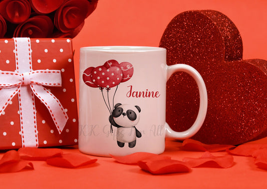 Personalised Cute Panda Mug, Panda Holding Heart Balloon, Black And White Panda Red Balloon, Mug And Coaster