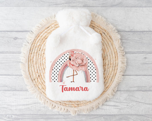 Flamingo Hot Water Bottle, Personalised Flamingo Gifts, Fluffy Hot Water Bottle, Valentine's Day Mother's Day Gifts