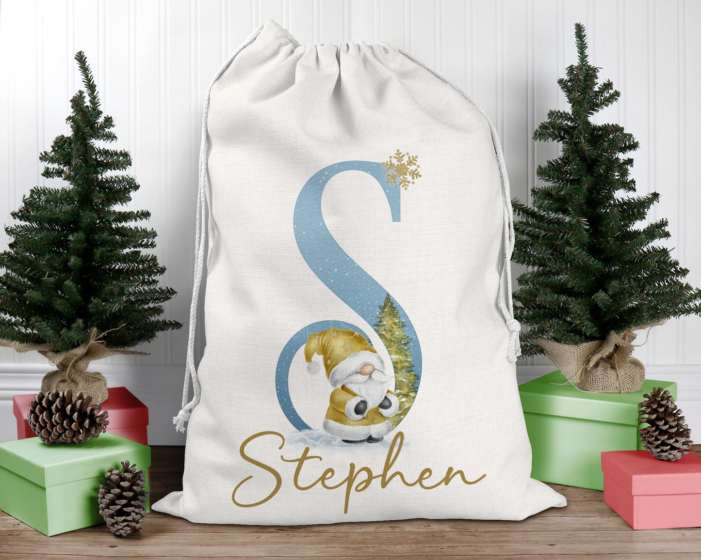 Personalised Christmas Gonk Santa Sack, Holiday Gnome, Large Drawstring Bag