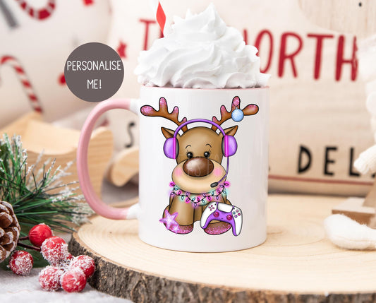 Personalised Children's Christmas Eve Mug, Pink Gaming Christmas Reindeer Mug