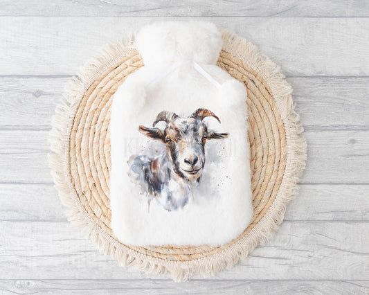 Personalised Hot Water Bottle - Goat Hot Water Bottle Gift With Fluffy Cover