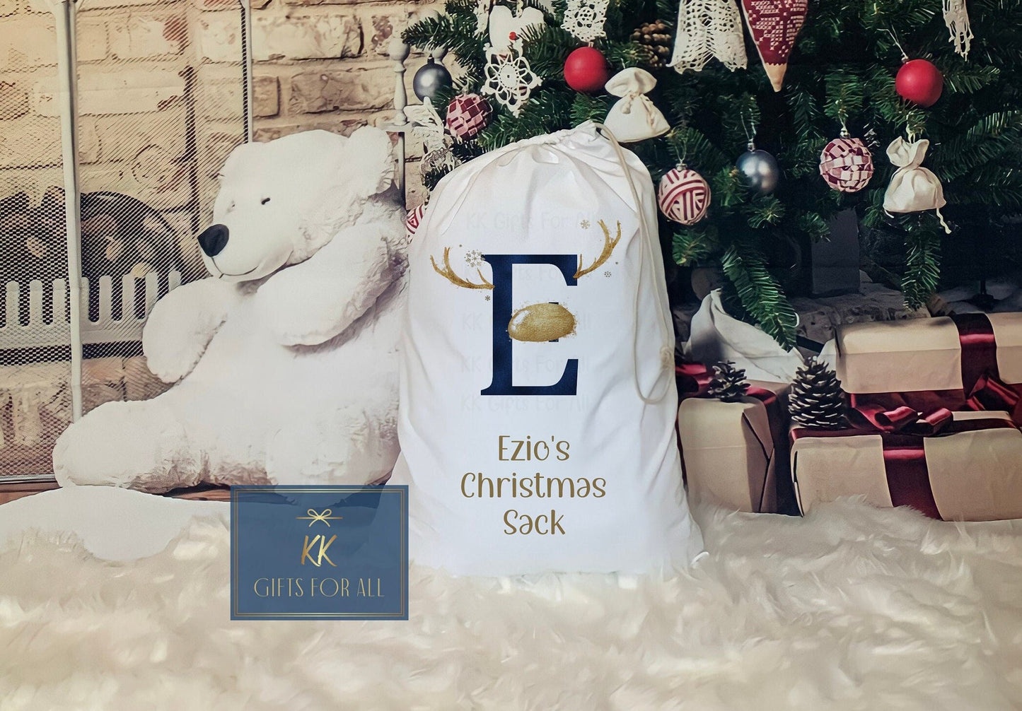 Antler Reindeer Personalised Christmas Sack, Large Father Christmas Sack, Navy Antler Initial