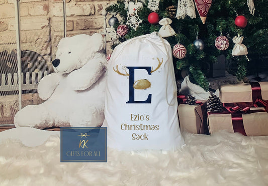 Antler Reindeer Personalised Christmas Sack, Large Father Christmas Sack, Navy Antler Initial