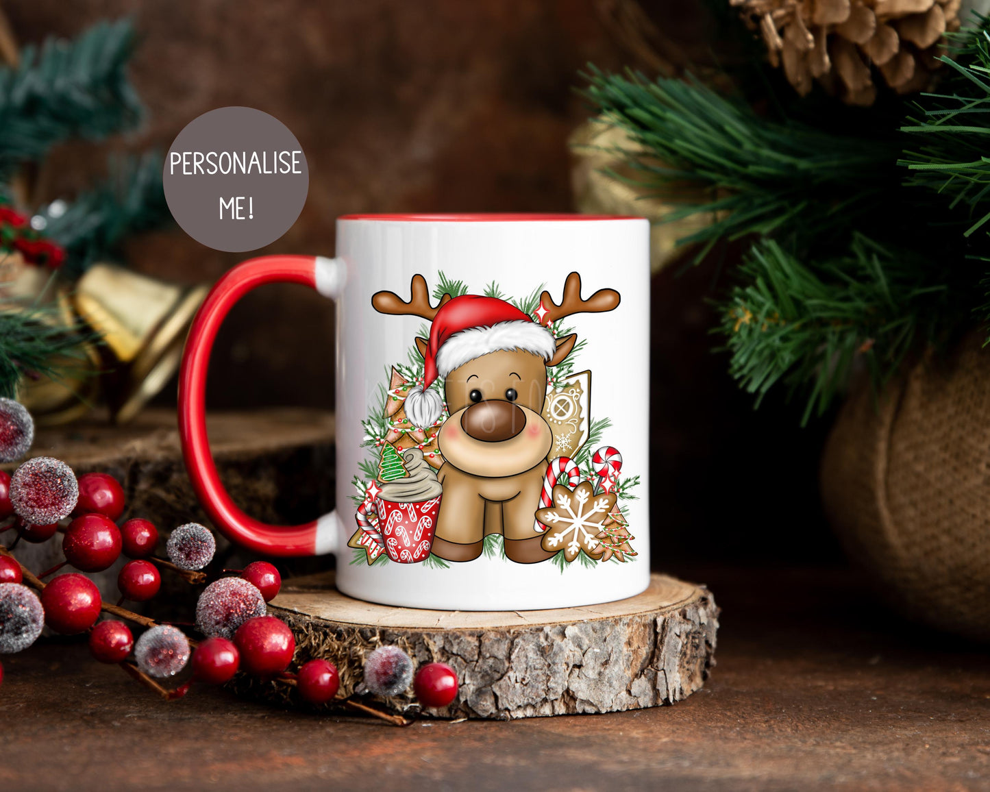 Christmas Reindeer Mug, Red Xmas Cocoa Mug, Personalsied Reindeer Mug