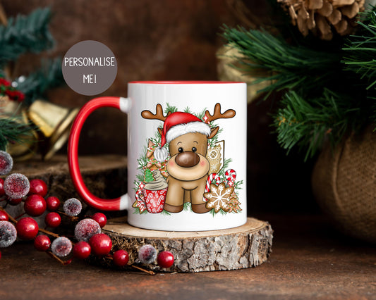 Christmas Reindeer Mug, Red Xmas Cocoa Mug, Personalsied Reindeer Mug
