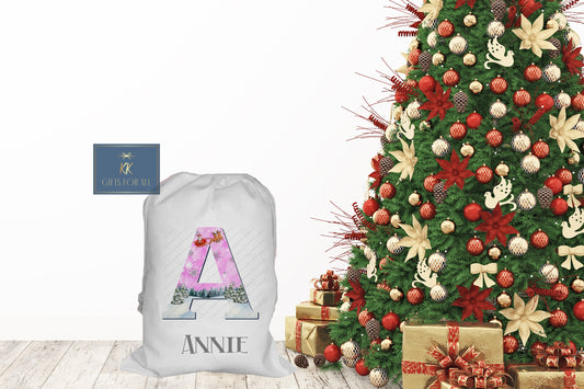 Personalised Father Christmas Santa Sack, Presents From Santa, Christmas Present Bag, Girls Pink Xmas Initial