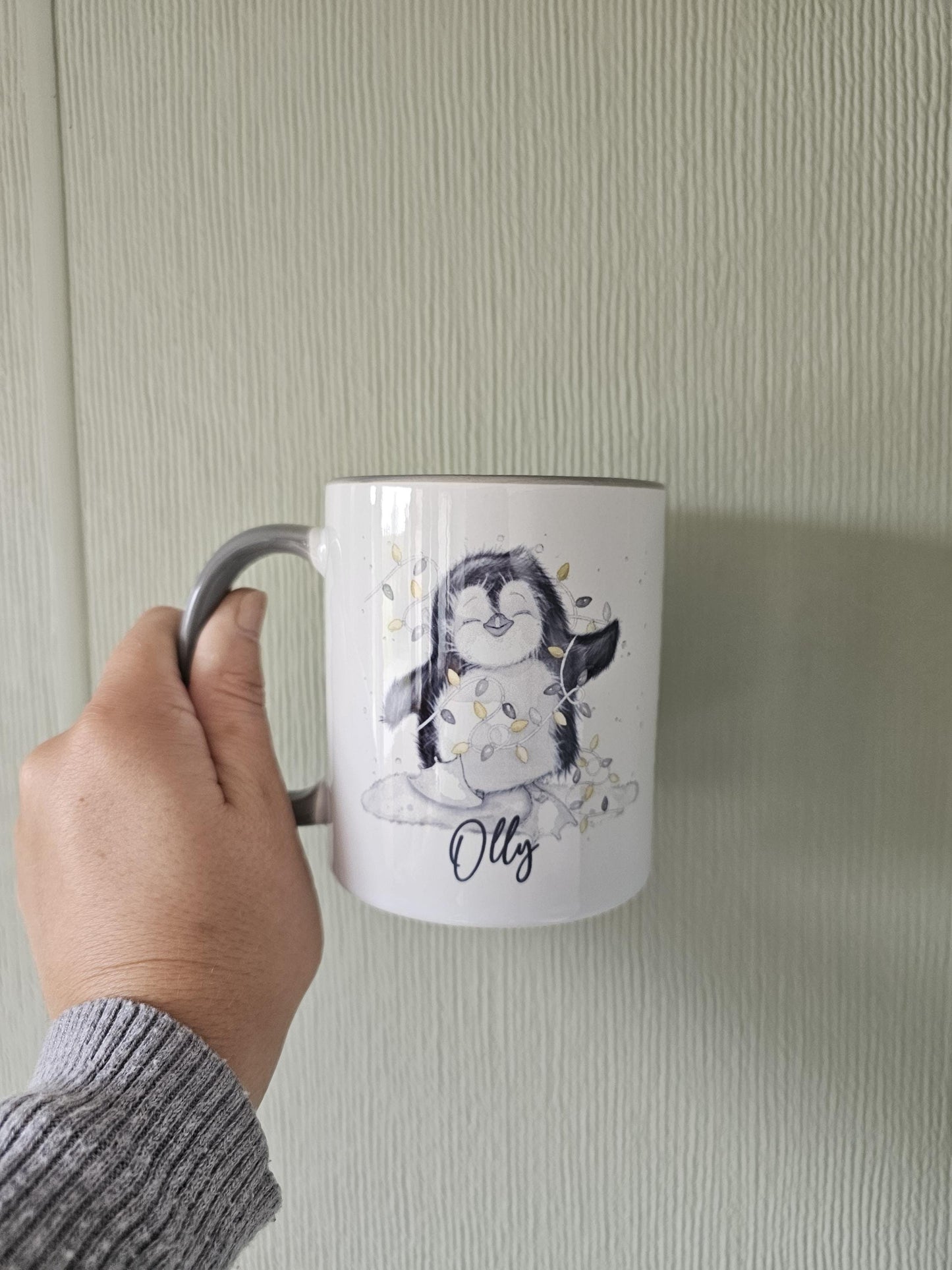 Personalised Christmas Penguin Mug, Sketch Penguin With Xmas Lights, Christmas Hot Choc Mug
