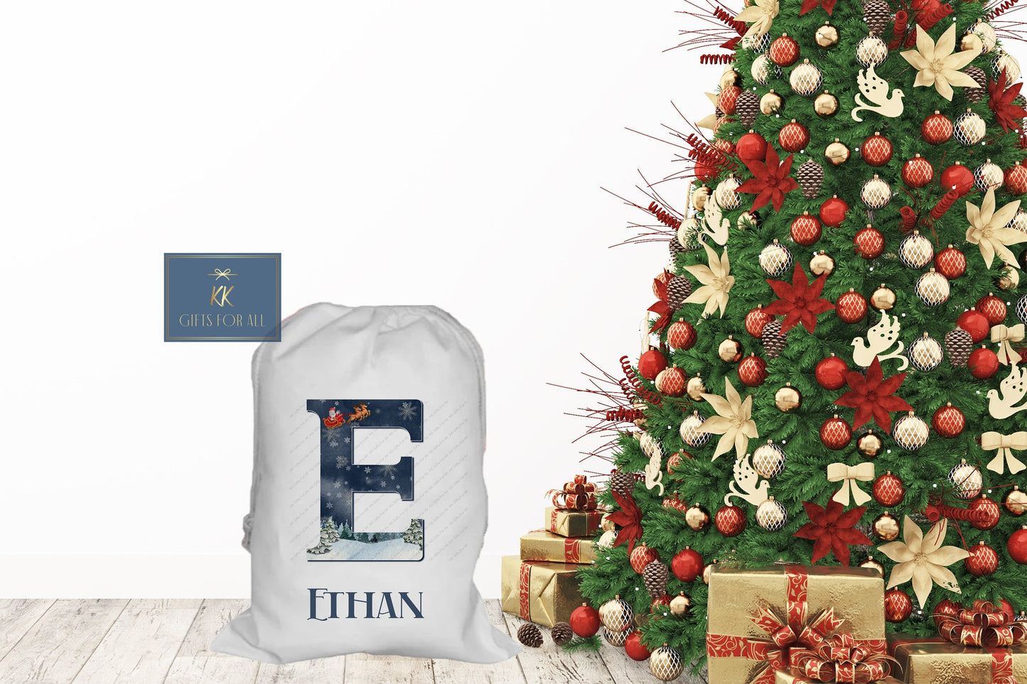 Personalised Christmas Santa Sack Father Christmas Bag, Initial Santa & Reindeer Nightfall Sky, Girl Or Boy
