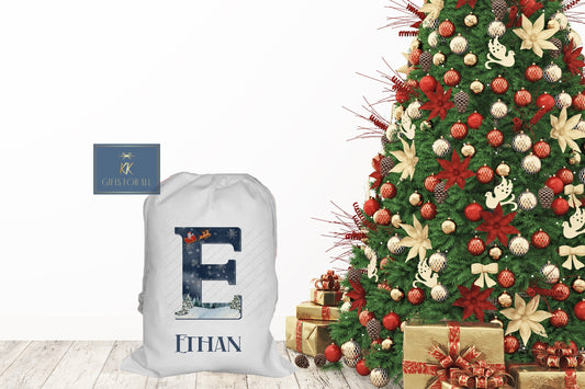 Personalised Christmas Santa Sack Father Christmas Bag, Initial Santa & Reindeer Nightfall Sky, Girl Or Boy