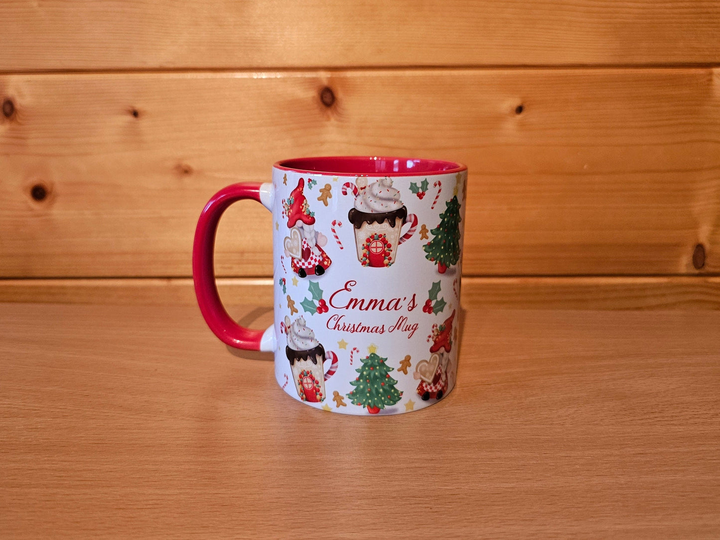 Christmas Gnome Mug, Red Handle Mug, Gonk Christmas Theme, Personalised Mug, Hot Cocoa Mug, Hot Chocolate Movie Mug, Candycane