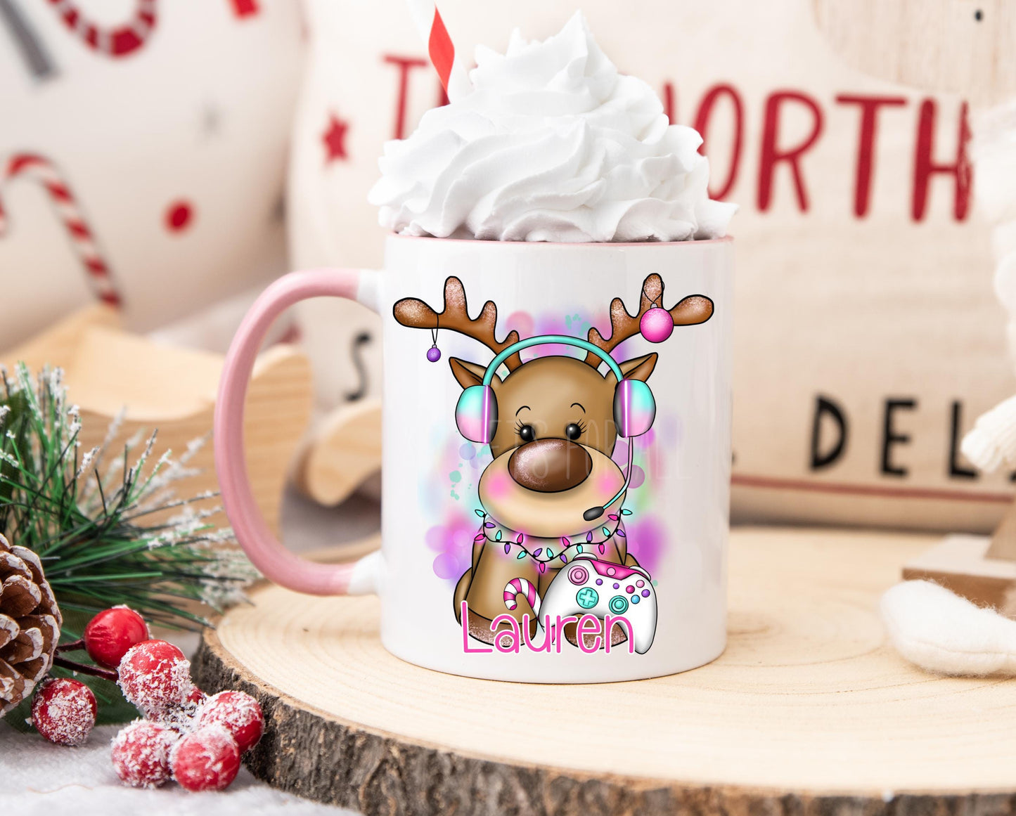 Children's Christmas Mug, Personalised Pink Reindeer Mug, Gamer Gifts