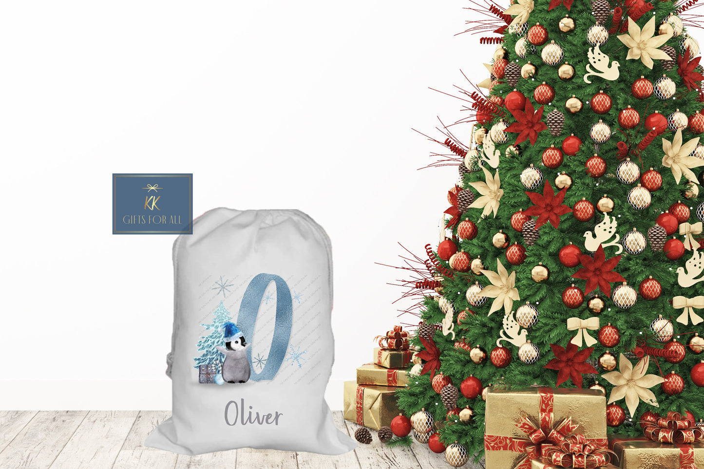 Personalised Christmas Santa Sack Father Christmas Bag, Blue Or Pink Christmas Penguin, Girl Or Boy Large Luxury Sack