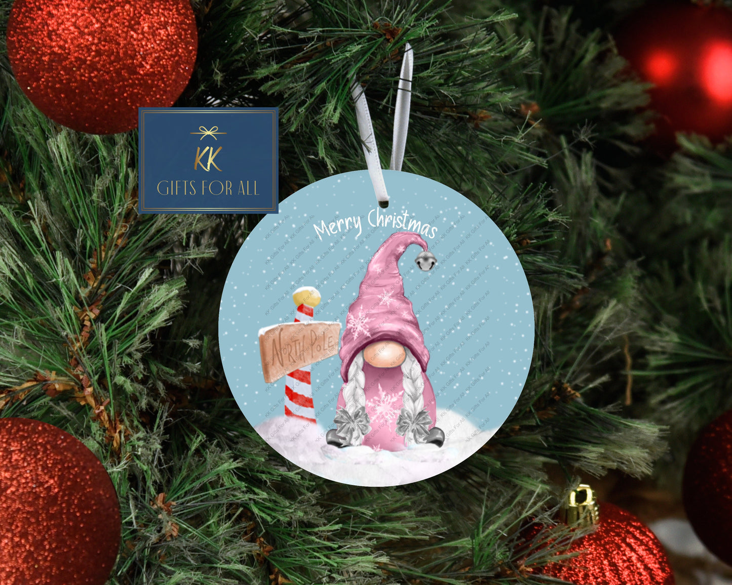 Personalised Christmas Tree Decoration, Christmas Metal Hanging Ornament, Pink Girl Female Gonk Gnome Decoration