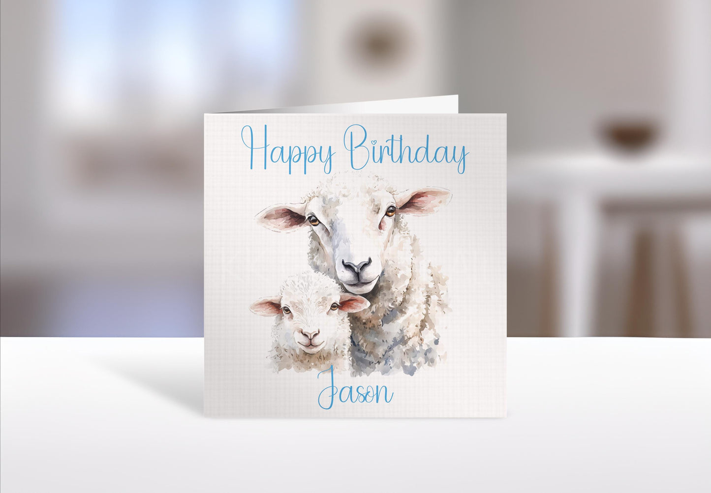 Personalised Sheep Card – Custom Lamb Birthday Greetings | Rustic Linen Texture