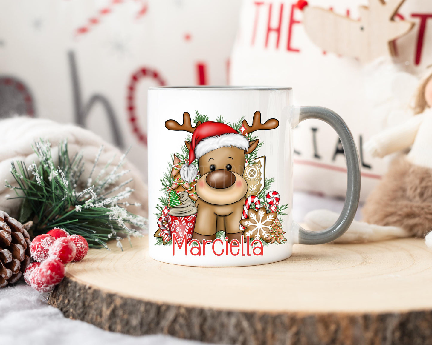 Personalised Reindeer Hot Chocolate Mug, Christmas Cocoa Mug, Xmas Movie Mug, Red Reindeer Christmas Mug