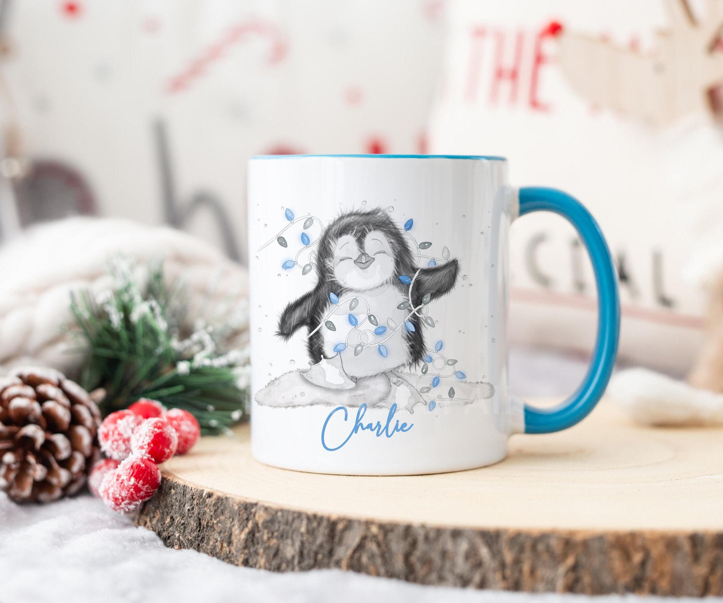 Personalised Blue Christmas Penguin Mug, Sketch Penguin With Xmas Lights, Christmas Hot Choc Mug