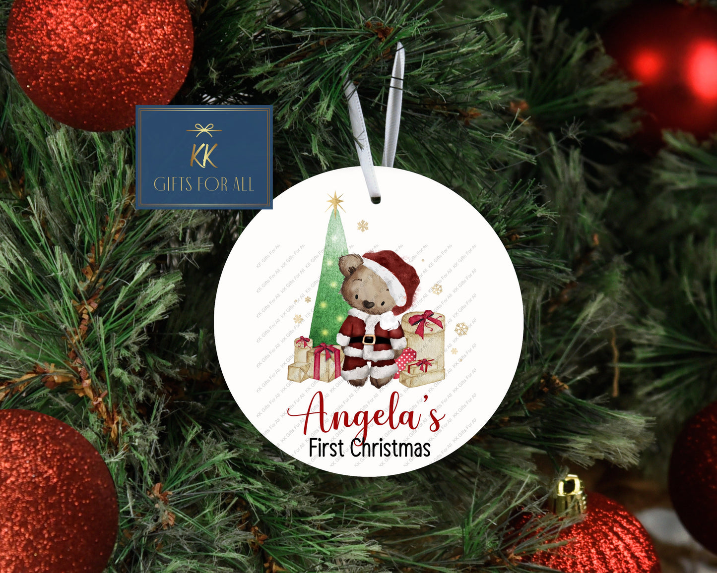 Personalised Christmas Tree Decoration, Christmas Santa Bear Hanging Ornament, Metal Tree Decoration