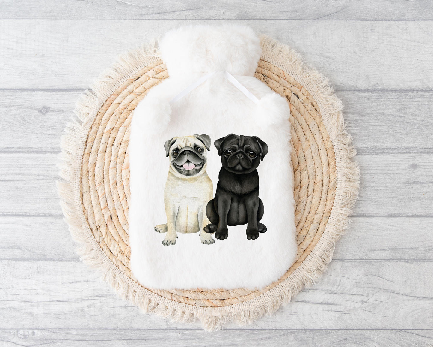 Black & Fawn Pug Hot Water Bottle, Personalised Dog Hot Water Bottle, Black Fawn Pug Gifts
