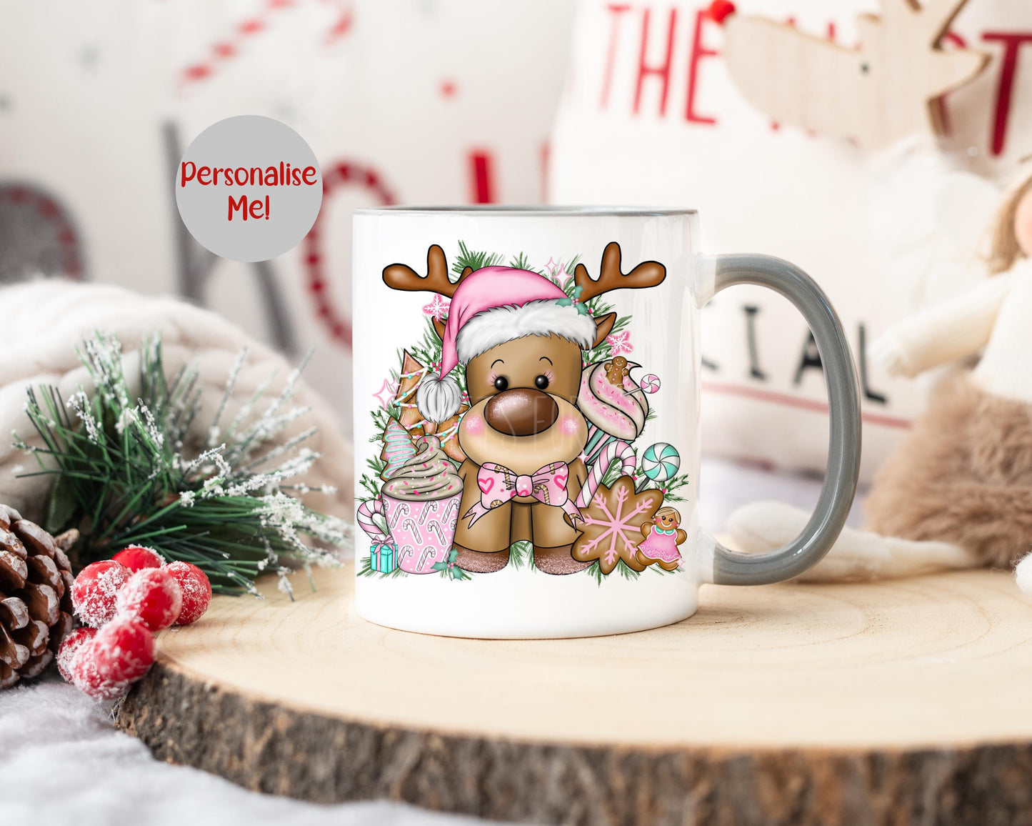 Grey 11oz Mug – Personalised Christmas Gonk Mug With Custom Name & Matching Coaster
