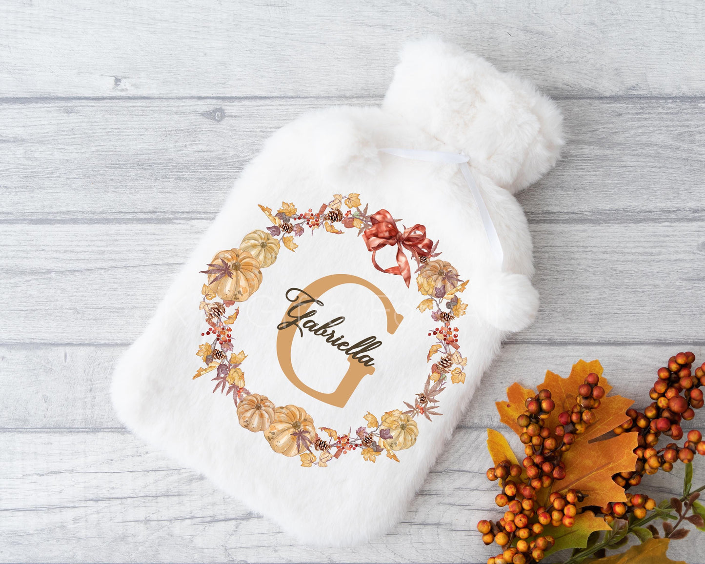 Personalised Hot Water Bottle, Autumn Fall Wreath, Gifts For Mum Nan Grandma