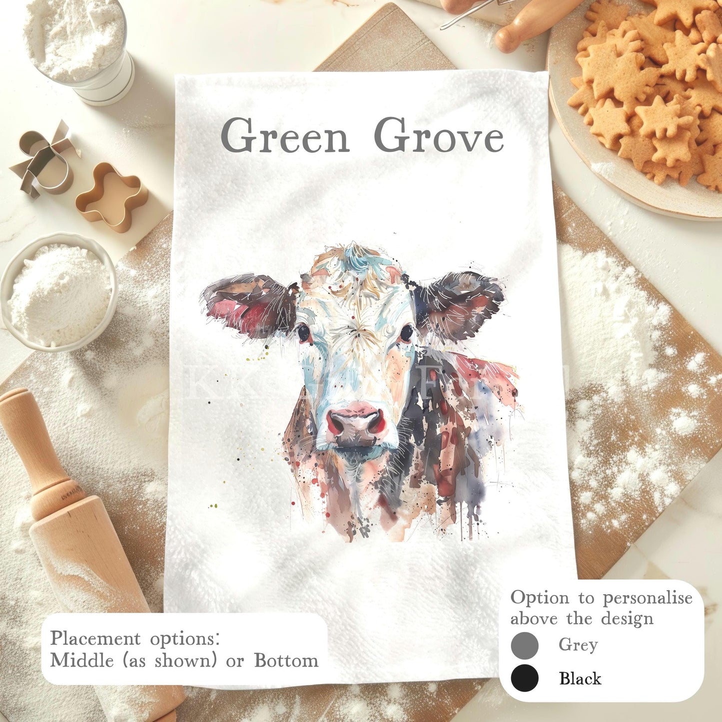 Cow Tea Towel, Farmhouse Kitchen Towel Decor, Personalised Kitchen Cloth