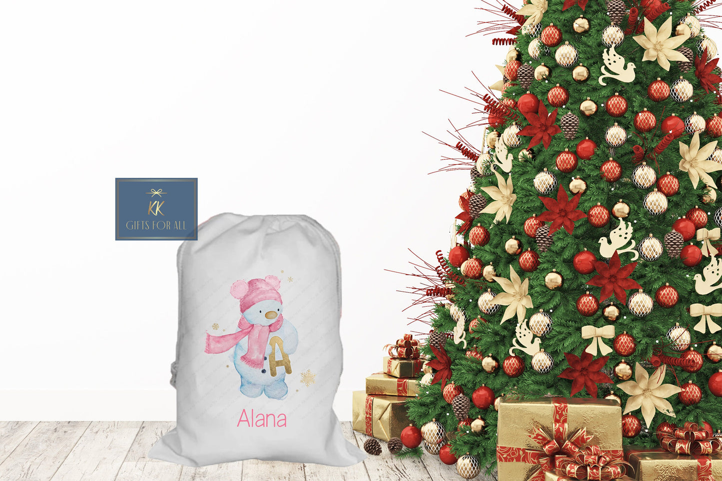 Personalised Christmas Santa Sack Father Christmas Bag, Large Snowman Xmas Sack, Initial & Name. Pink or Blue, Boy or Girl