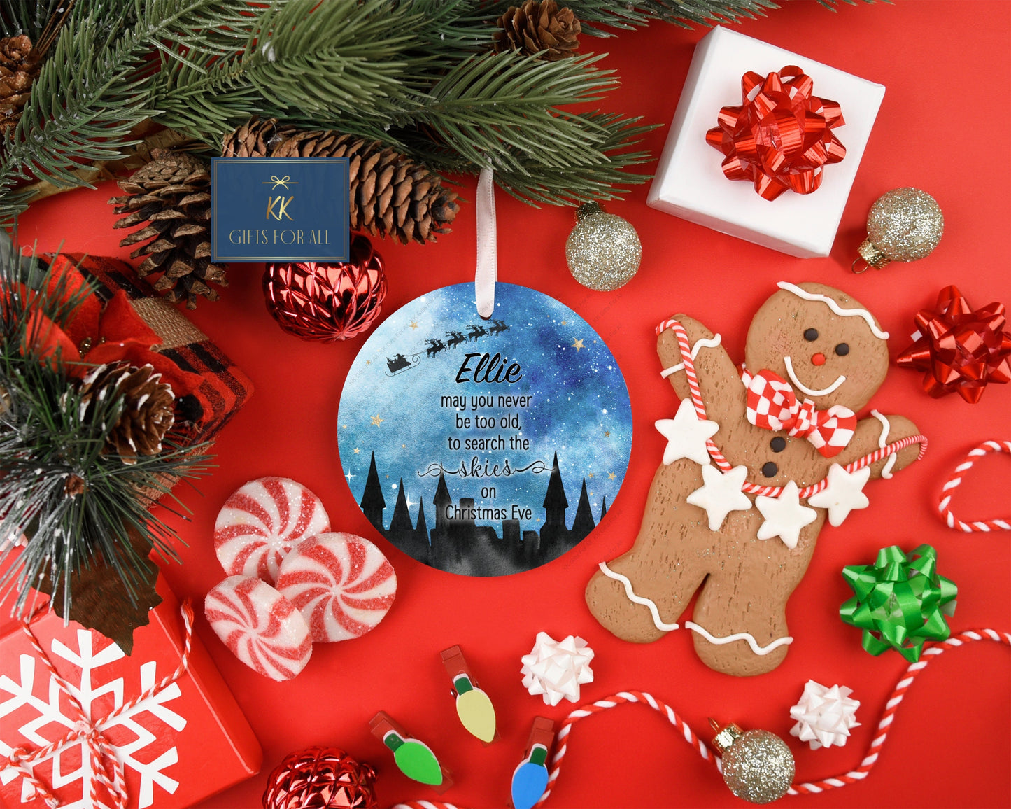 Personalised Christmas Tree Decoration, Christmas Hanging Ornament, Metal Tree Decoration, Search The Sky On Xmas Eve, Xmas Nightfall, Blue