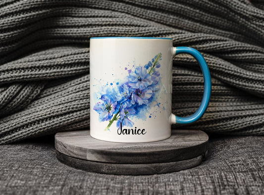Personalised Delphinium Mug & Coaster For Friend Or Wife Birthday, Delphinium Flower Lover Gifts