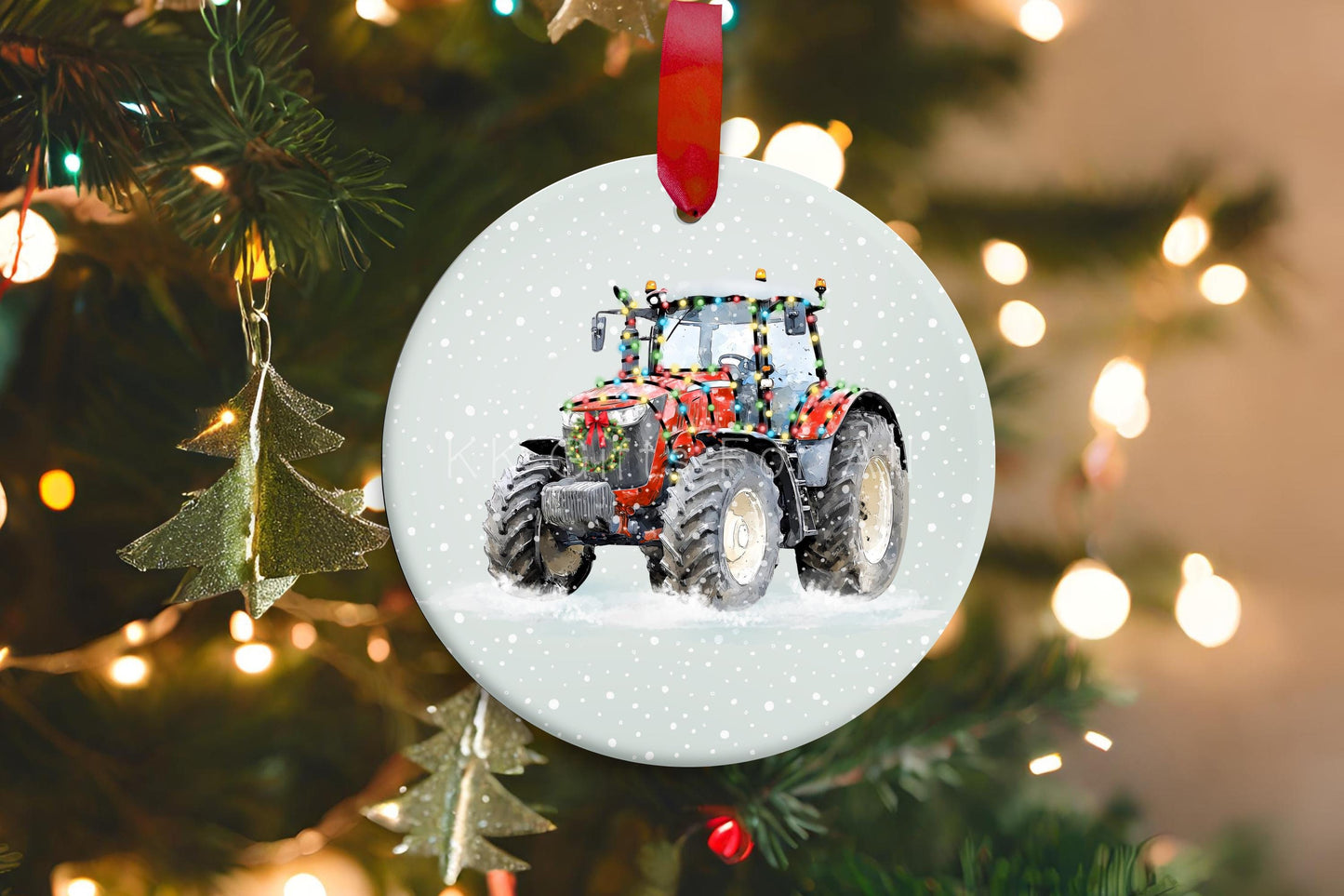 Personalised Christmas Tractor Decoration, Red Tractor Christmas Hanging Ornament