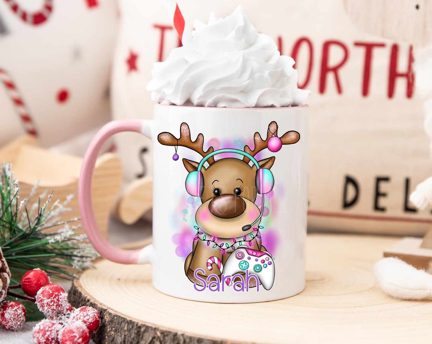 Children's Christmas Mug, Personalised Pink Reindeer Mug, Gamer Gifts
