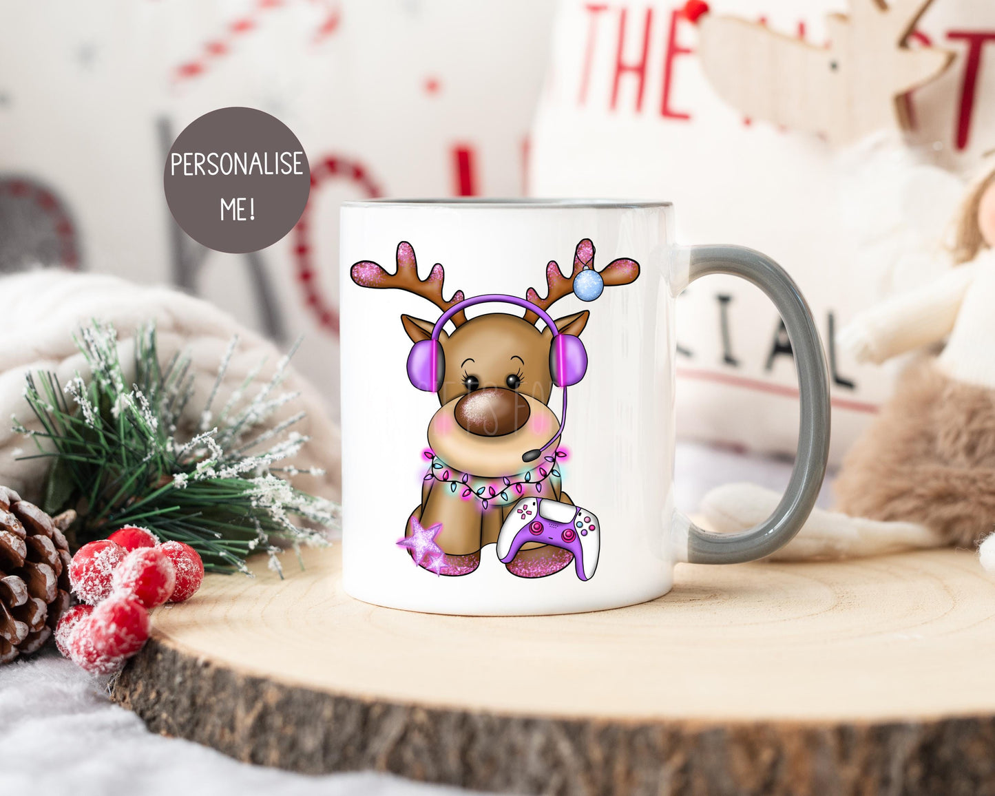 Christmas Reindeer Mug, Children's Gamer Christmas Eve Grey 11oz Mug